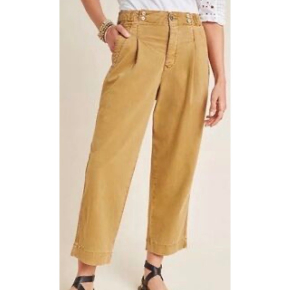 Anthropologie Slouched Trousers Pleated Chino Mustard Tan Buckle Waist Size 25